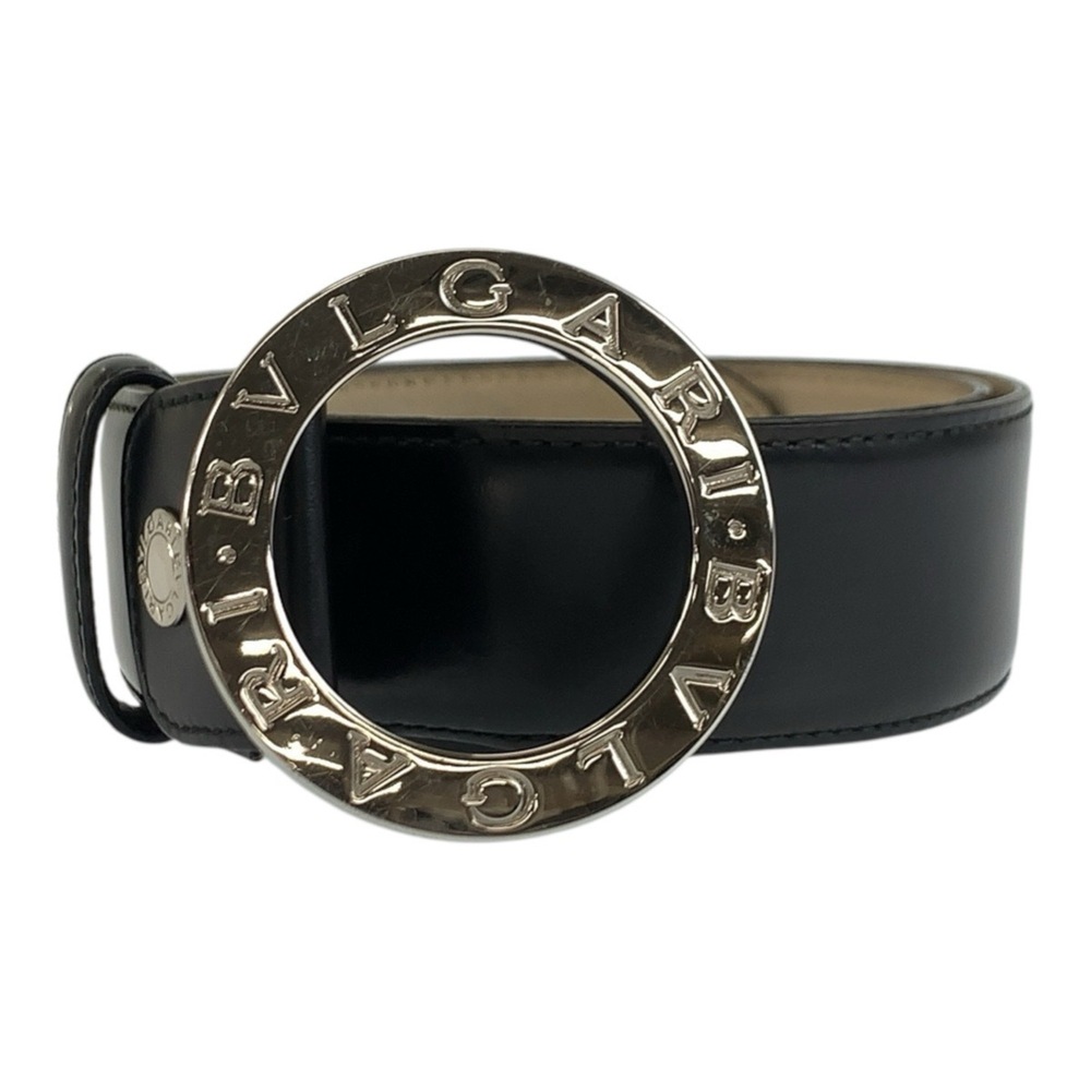 BVLGARI Bulgari Circle Logo 80cm Black Leather Belt with Silver Hardware AM L...